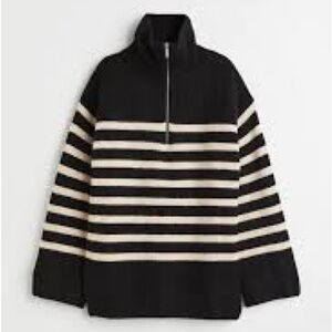 H&M Black and Cream Striped Half-Zip Sweater, Size Small